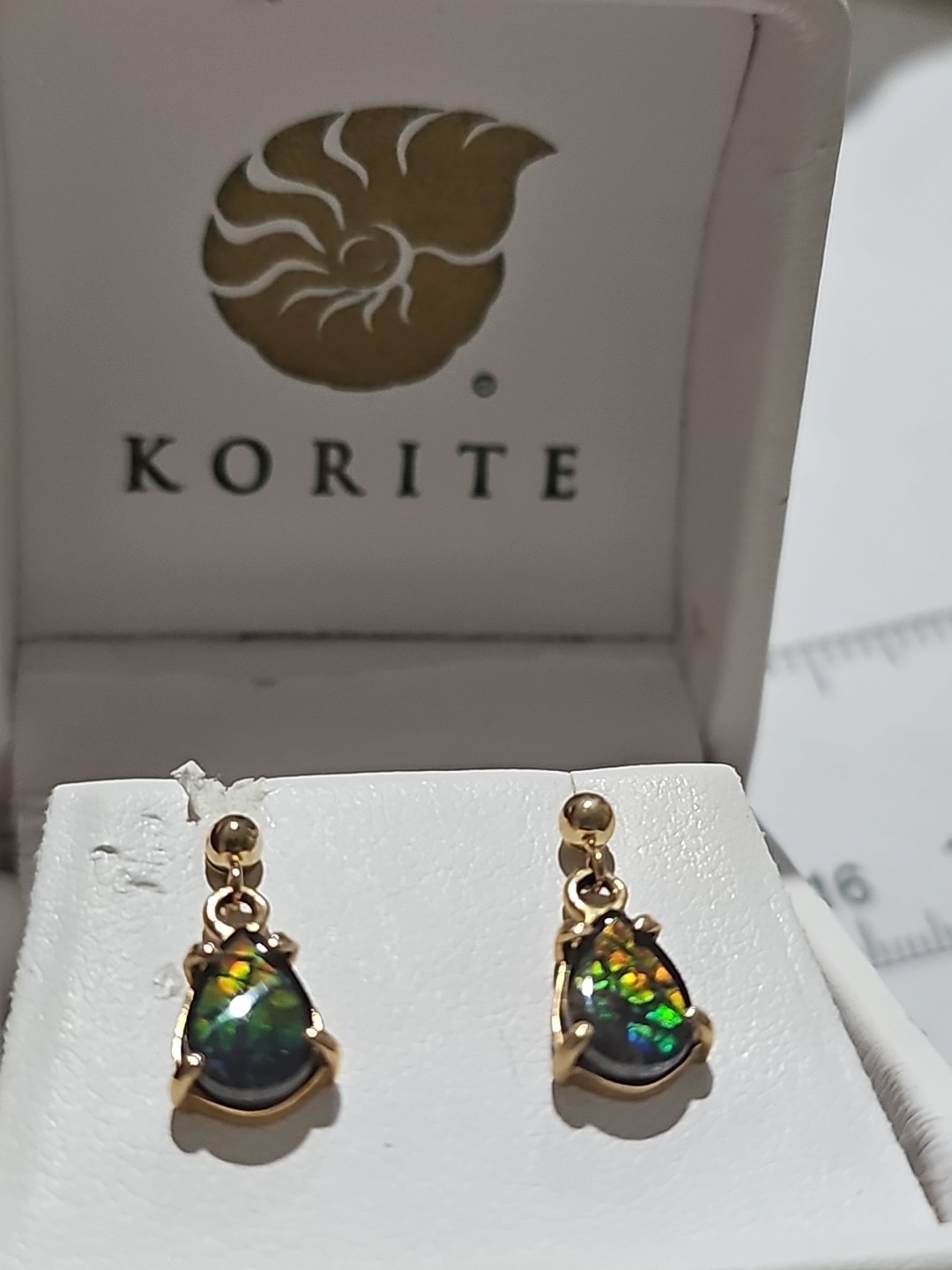 Stunning Korite Ammolite Earrings set in 14k Solid Yellow Gold