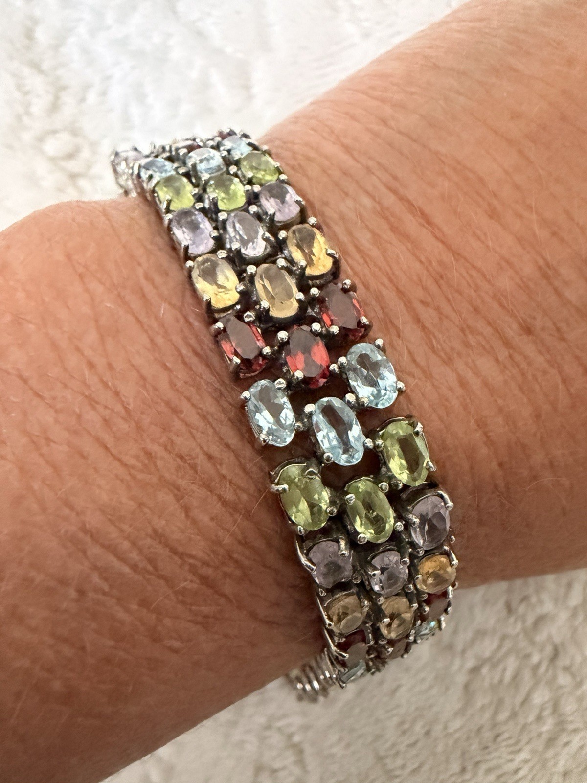 Sterling Silver 925 Multi Gemstone 3 Row Tennis Bracelet 7.25″ 21.44g Thai