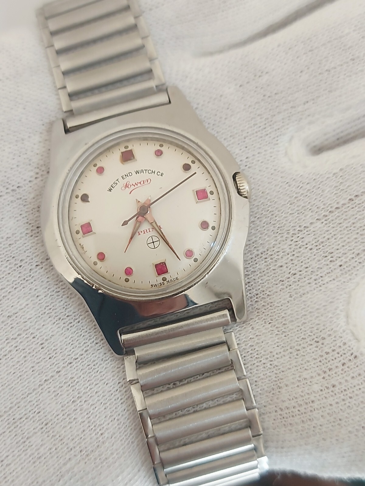 West end Sowar Prima Watch Hand Wind White Red Ruby Fitted Dial 34 mm Men Swiss