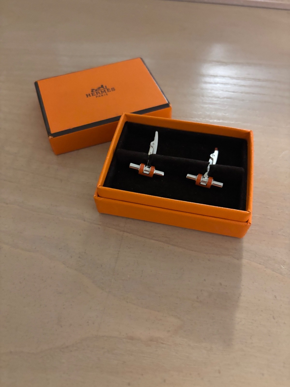 Hermes Cufflinks Iconic Orange H Logo Excellent Condition