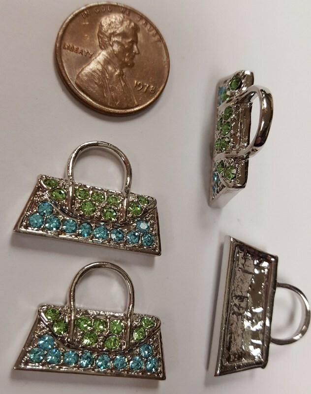 1 GREEN BLUE RHINESTONE SILVER HANDBAG 23mm. FLOATING CHARM FINDING R813