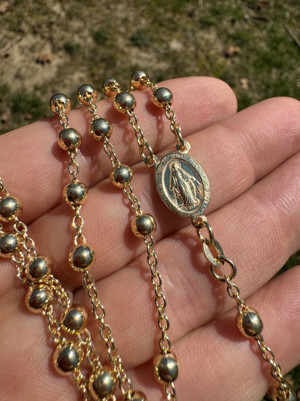 Men’s 30″ Long Rosary Beads Necklace 14k Gold Over 925 Silver Rosario ITALY 5mm
