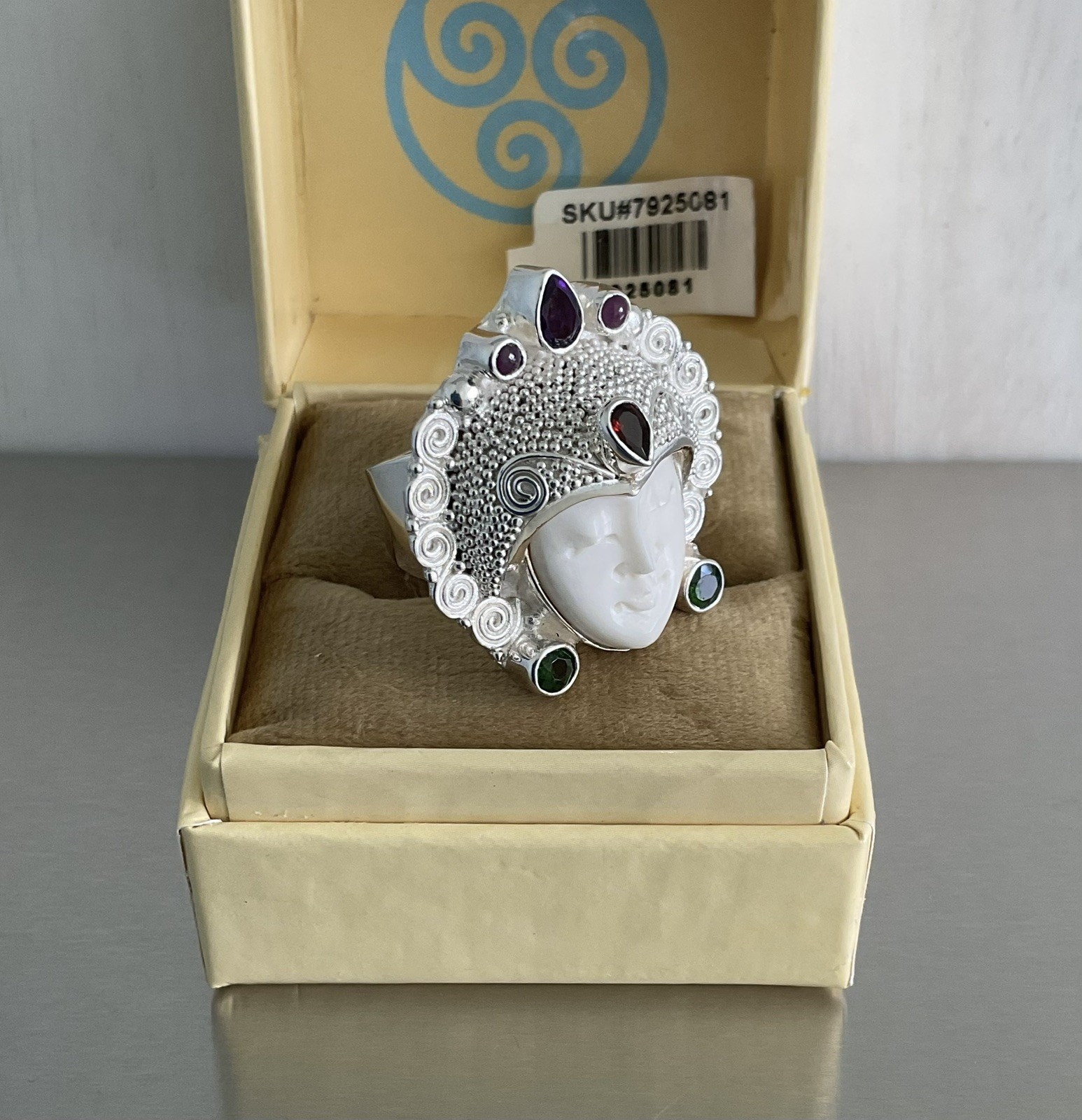 Sajen Silver Carved Goddess Ring Multi Gemstones 925 Sterling Silver Size 9