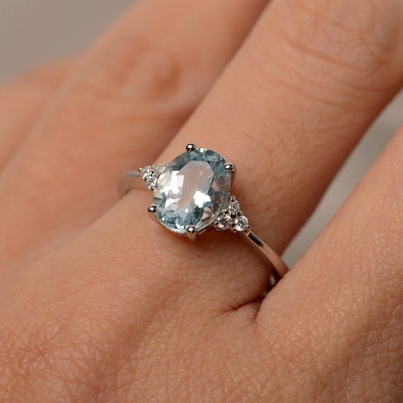 2.15 Ct Oval Cut Natural Aquamarine Diamond Wedding Ring 14K White Gold Size 7
