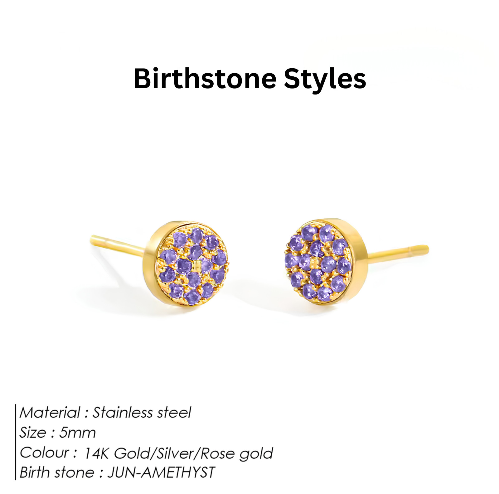 Birthstone Stud Earrings Stainless Steel Push Back CZ Women Girls Gift 12 Month