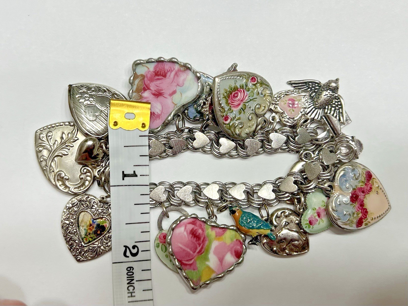 Vintage Puffy Hearts Charm Bracelet Sterling Silver Estate Pink Heart Charms US