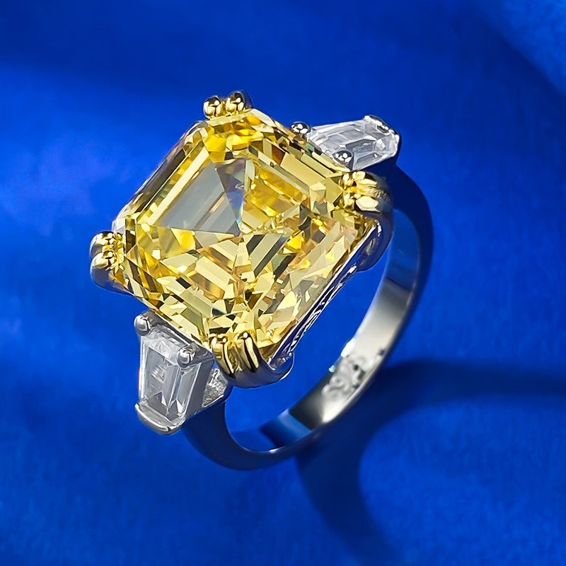 9ct Asscher Cut Lab Grown Yellow Diamond Three-Stone Ring, 18K Gold Vermeil