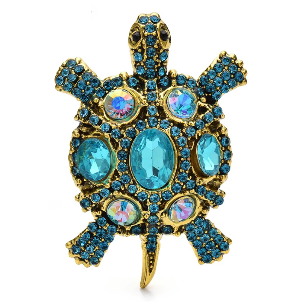 Blue Crystal Rhinestone Turtle Brooch Pin – Vintage Spring Summer Jewelry Gift
