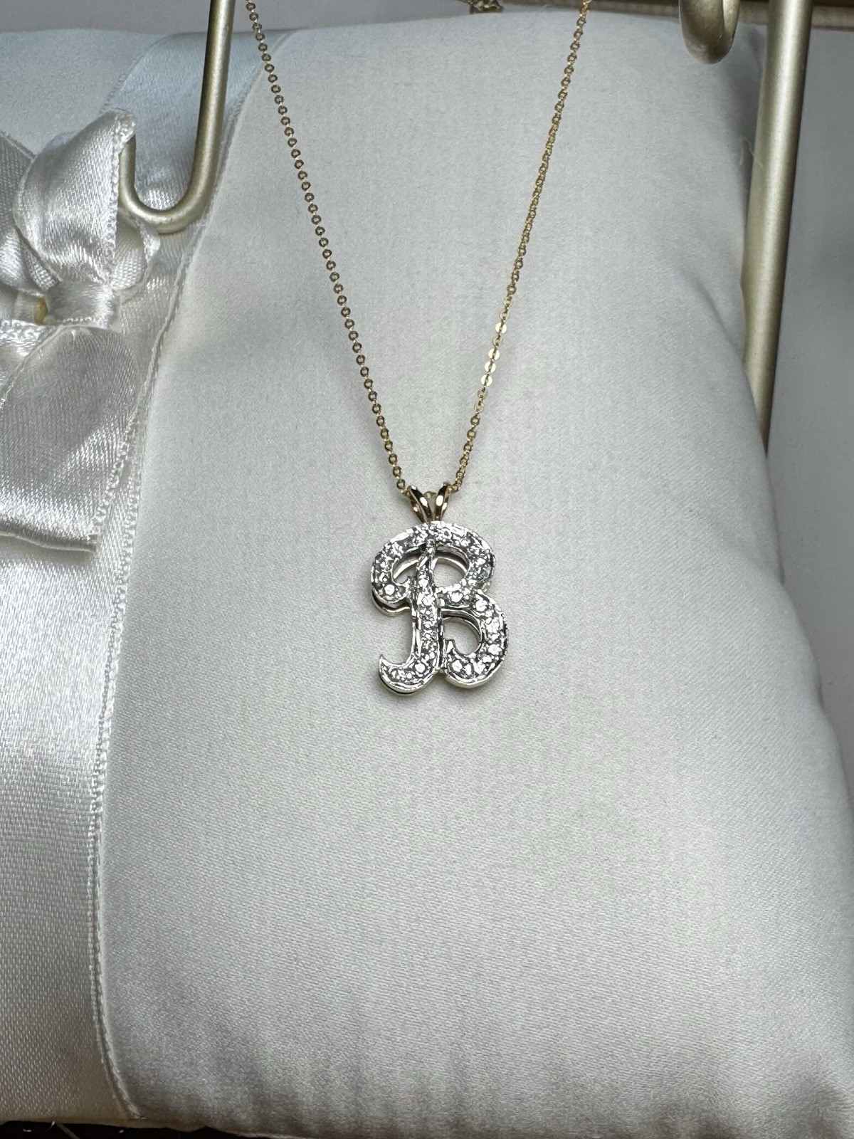 .35CT Diamond Letter B Pendant & 16” Fancy Cable Chain 14k Yellow Gold 5.2 Grams