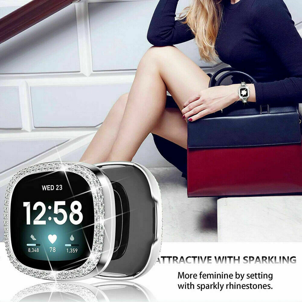 Bling Metal Watch Band Bracelet Strap With Diamond Case for Fitbit Versa 3/Sense