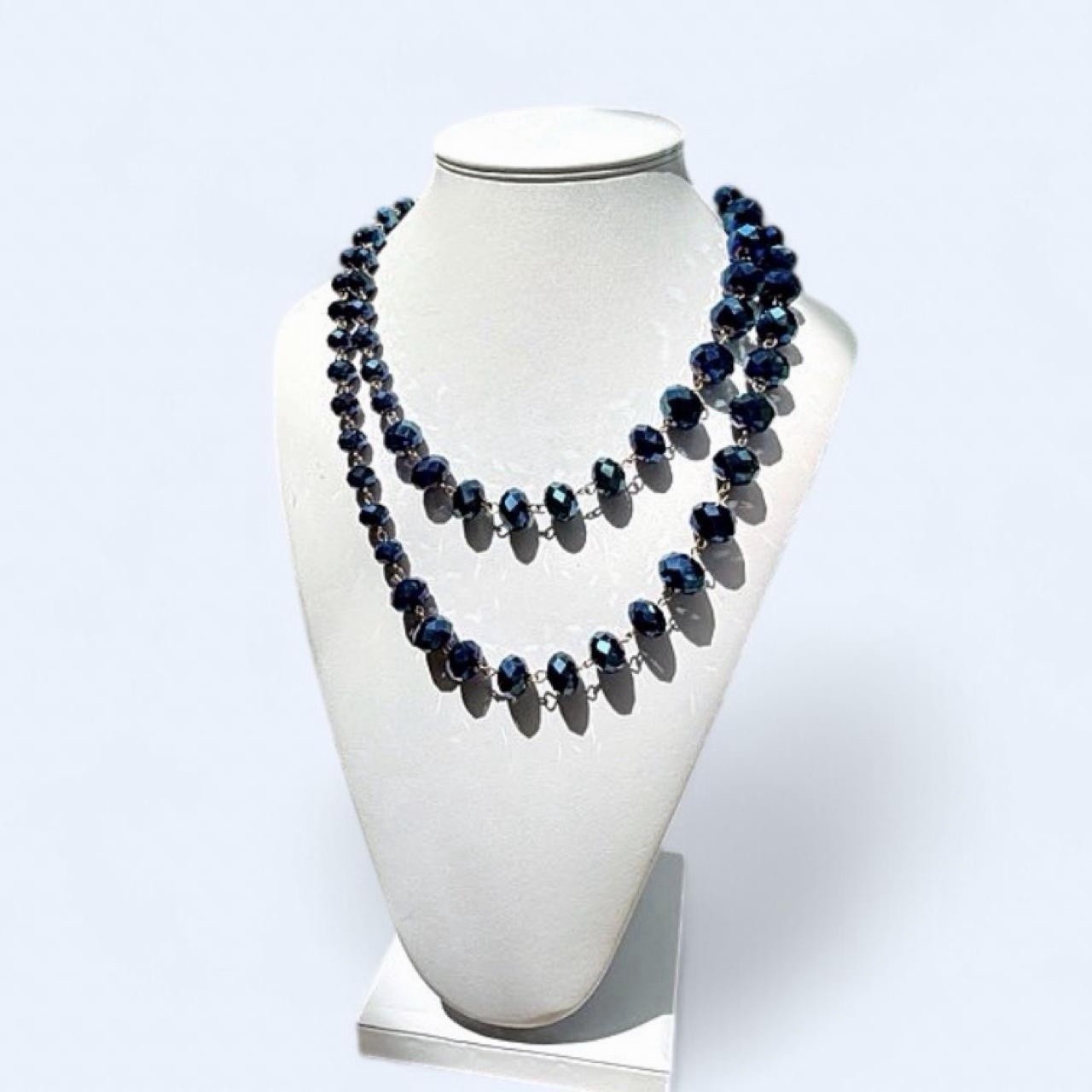 Stunning Vintage-Style Iridescent Peacock Blue Faceted Glass Rope Necklace