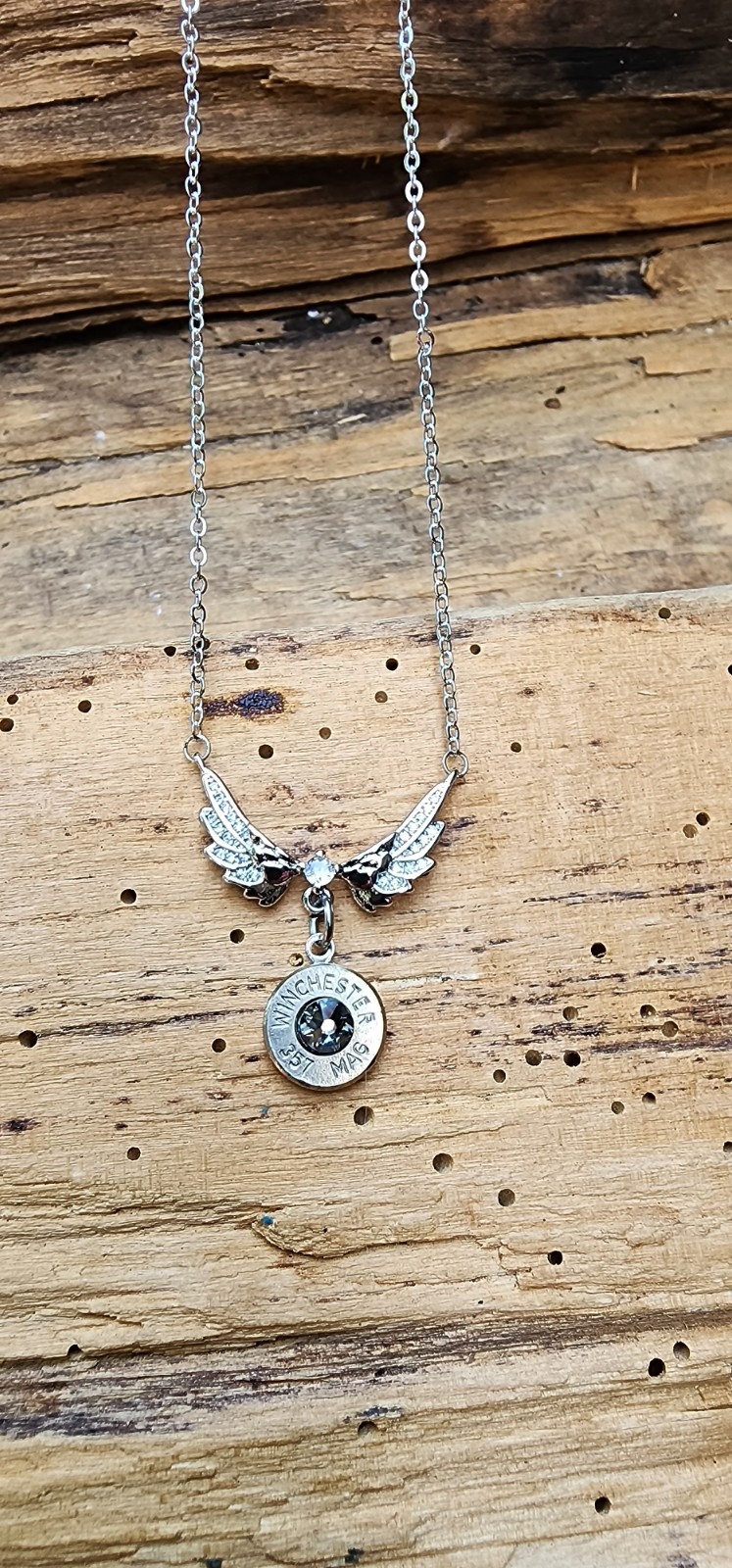 Sterling Wing Necklace with Bullet Charm. Optional Crystal.