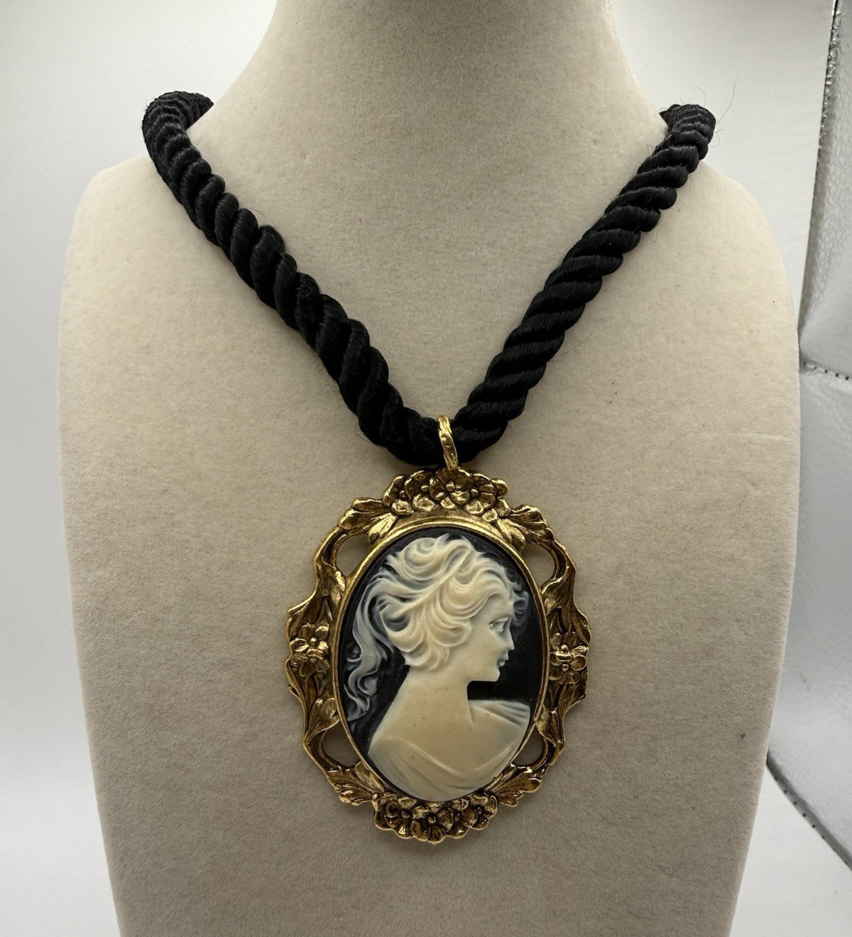 Vintage Ornate Cameo Necklace Black Rope Cord Dark Academia Victorian Goth