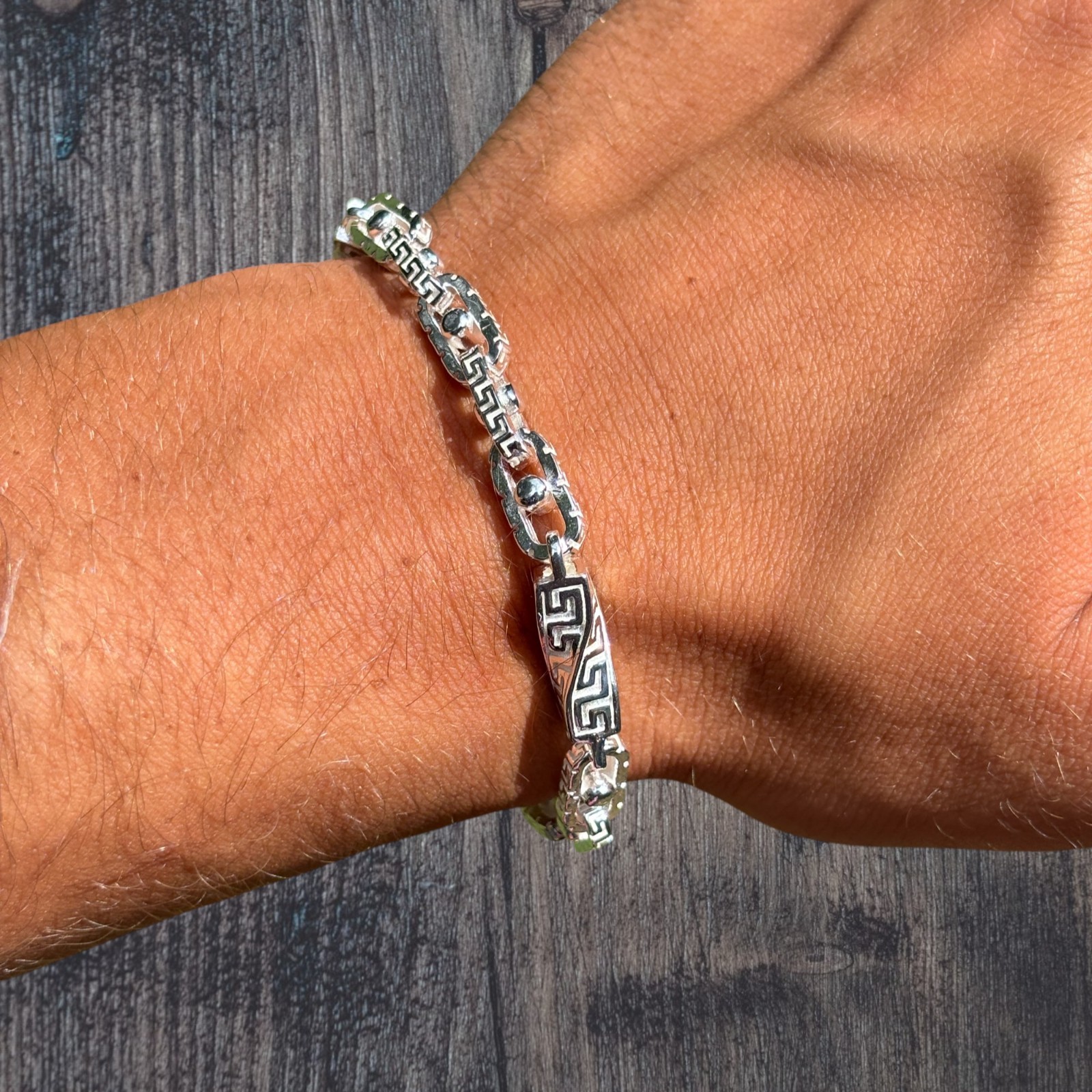 7mm Greek Key Rolo Link Bracelet – Real Solid 925 Sterling Silver MADFE IN ITALY