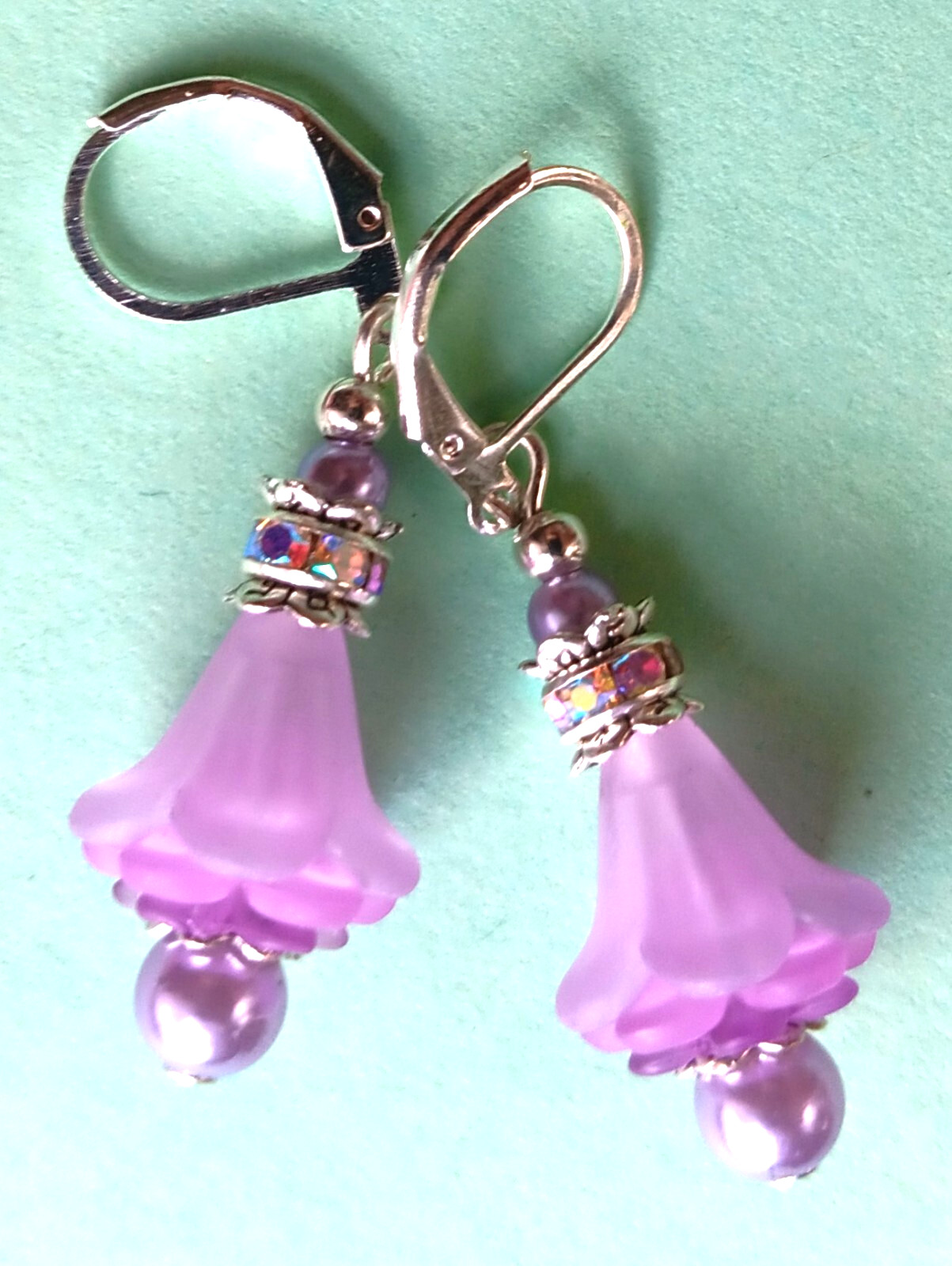 LAVENDER acrylic FLOWER AB Crystal GLASS PEARL earring SP LEVER BACK #ACTA