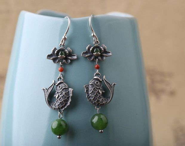 Koi Fish Lotus Earrings Chinese Style Silver-Plated Women’s Earrings