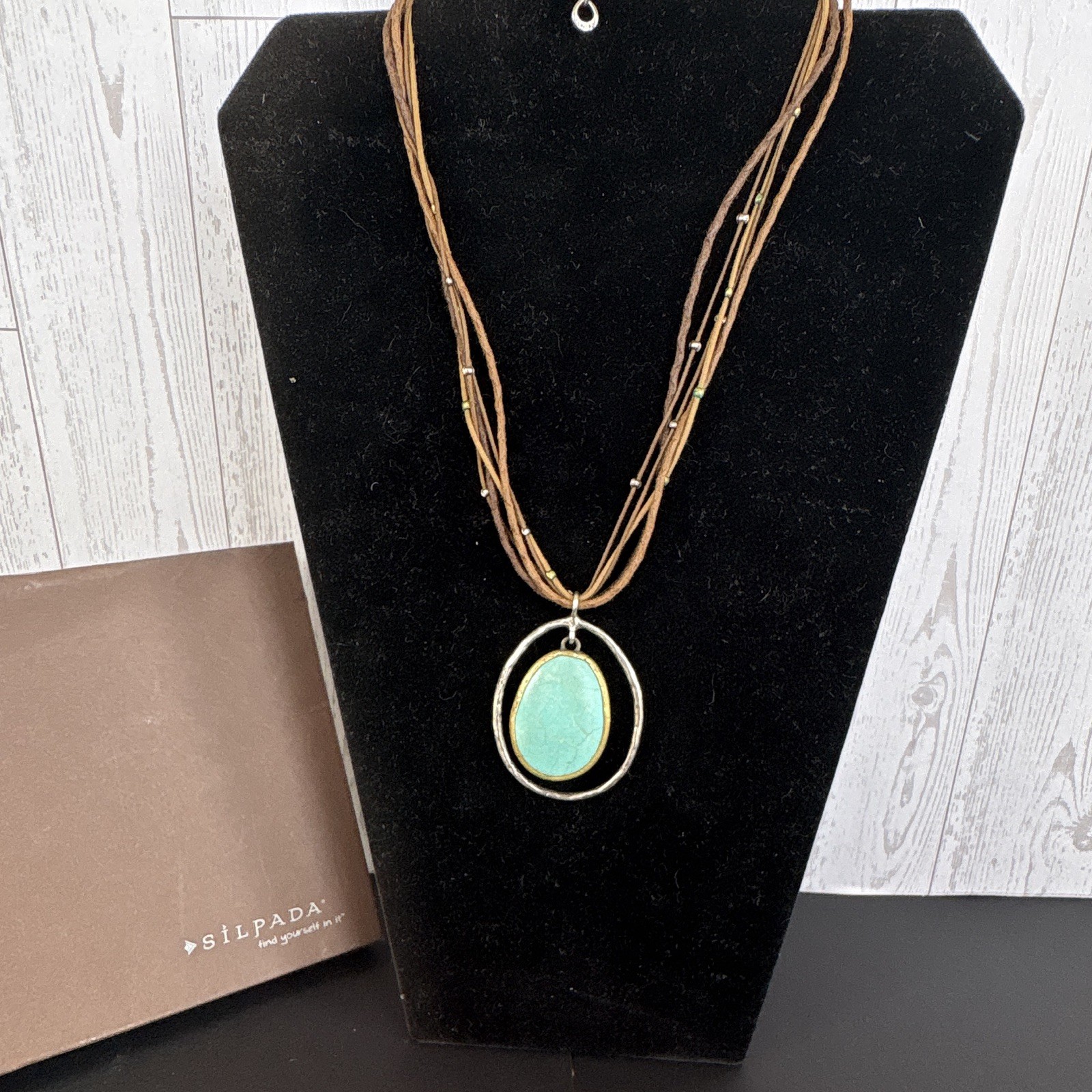 Silpada Brown Leather Cord Multi-Strand Necklace Turquoise Oval Bezel Charm