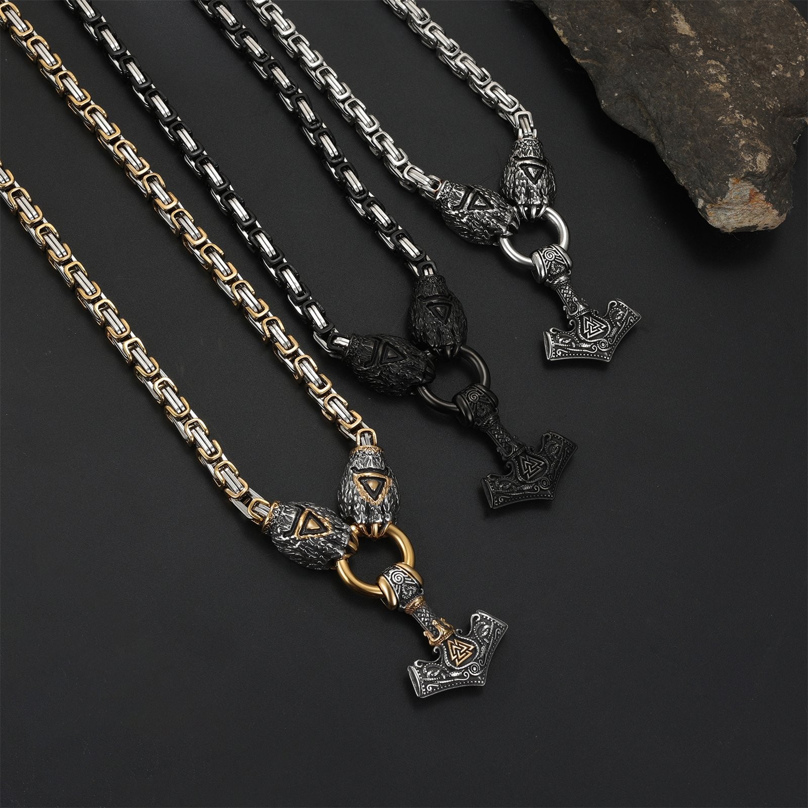 Men’s Viking Thor’s Hammer Stainless Steel Necklace Bear Claw Byzantine Chain