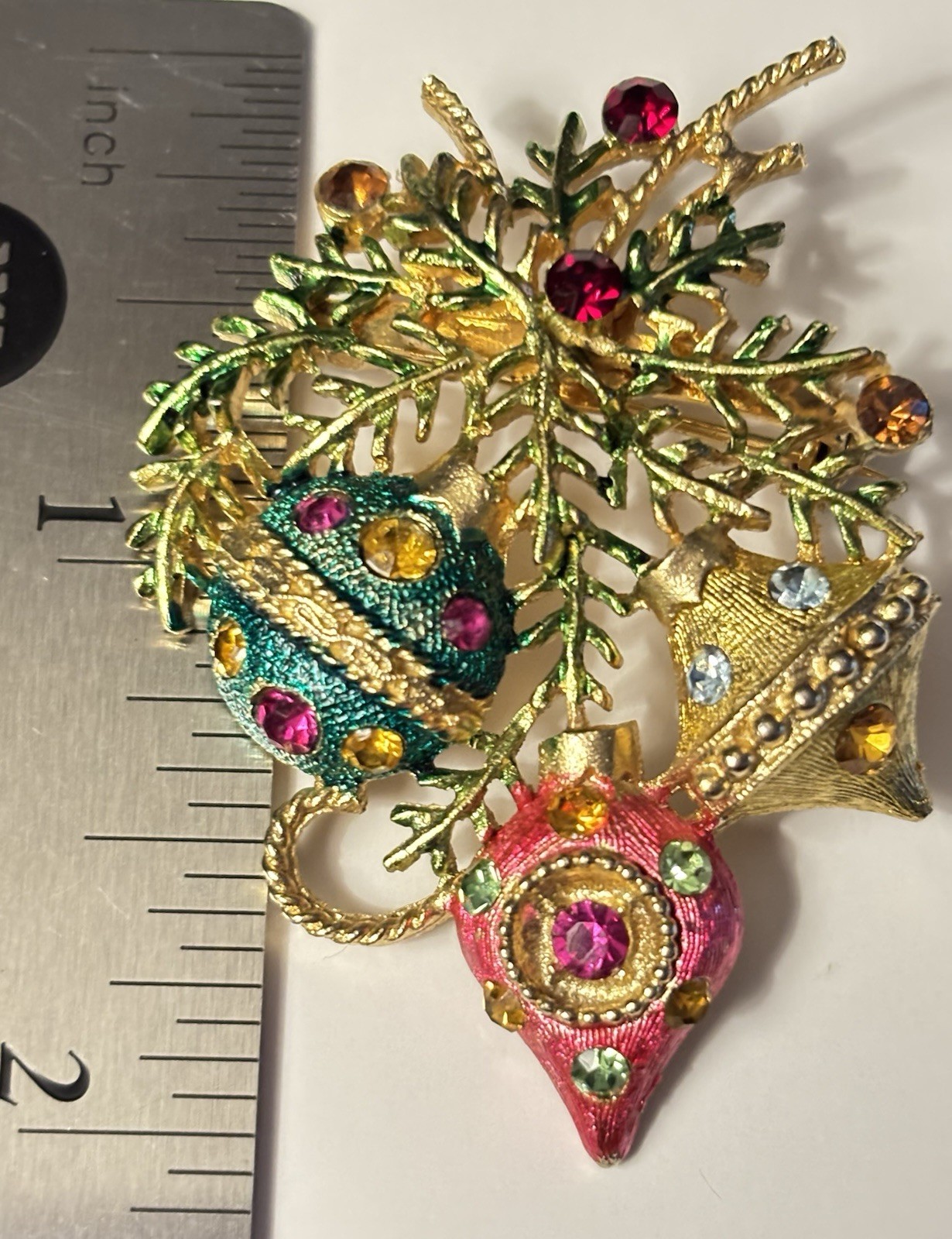Vintage Christmas Ornament Brooch Rhinestone Enamel Holiday Tree Branch Pin 2”