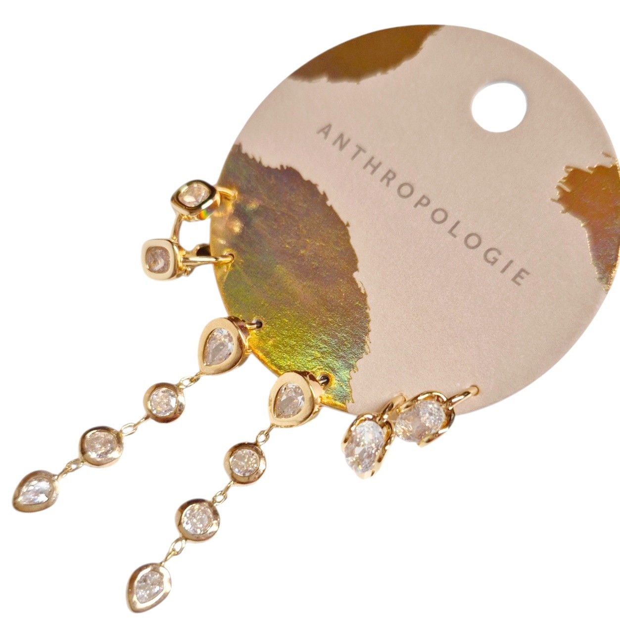 Anthropologie Glitz Crystal Earring Set Cubic Zirconia 14k Gold Plated Brass New