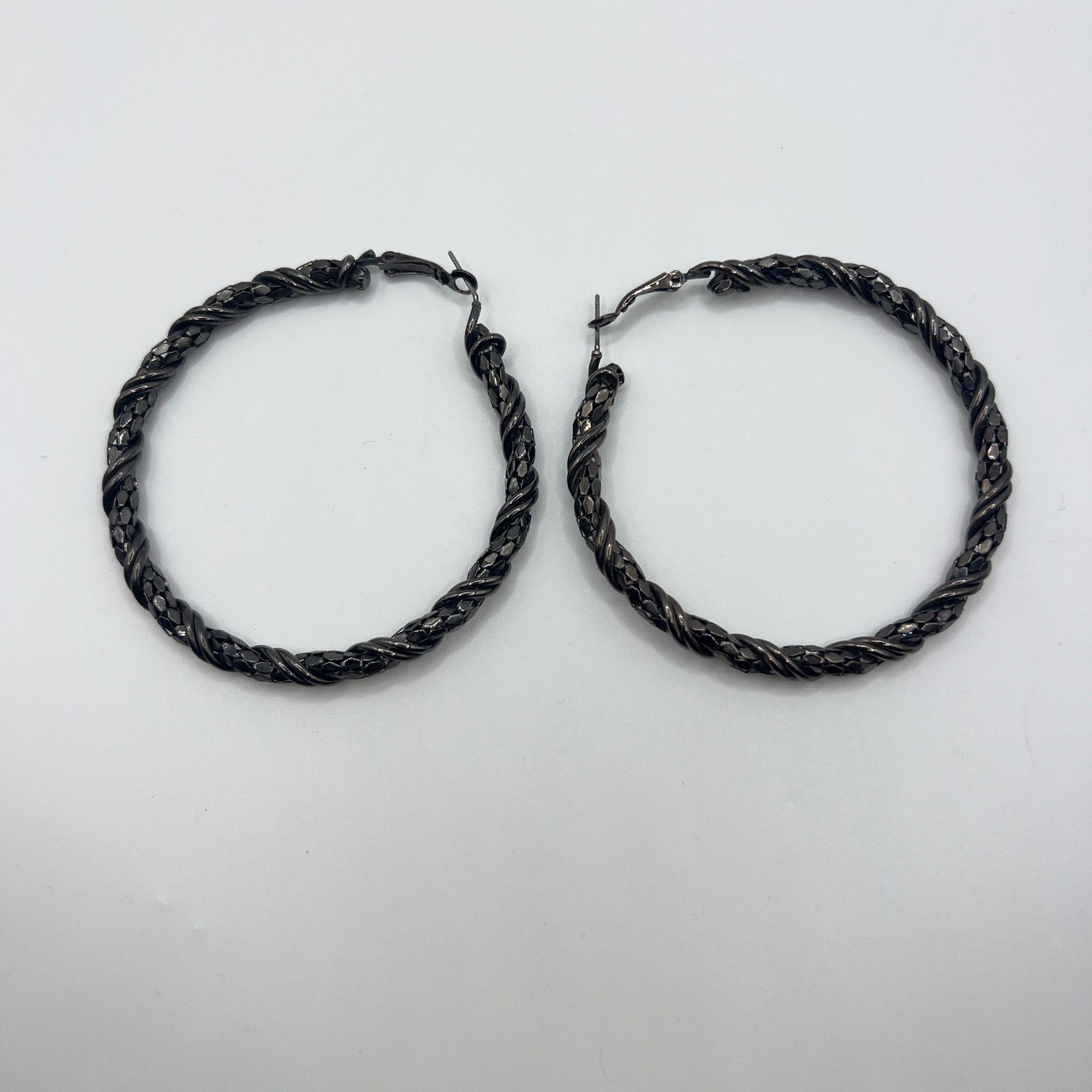 Gunmetal Grey Twisted Rope Textured Large Hoop Earrings Latch Back Statement