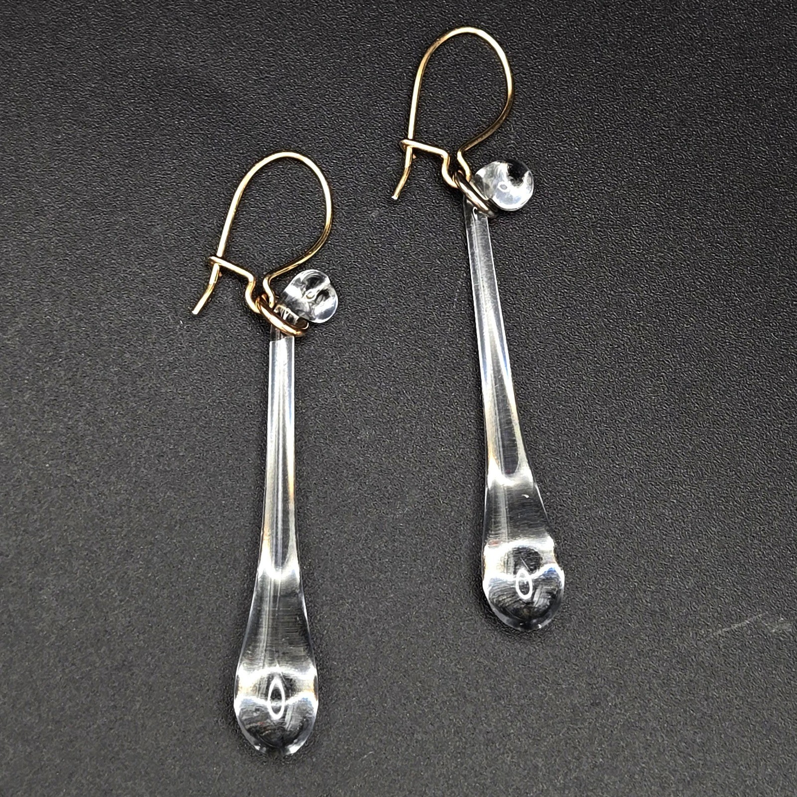 Clear Glass Teardrop Dangle Earrings Gold Tone Kidney Wire Hooks Long Drop