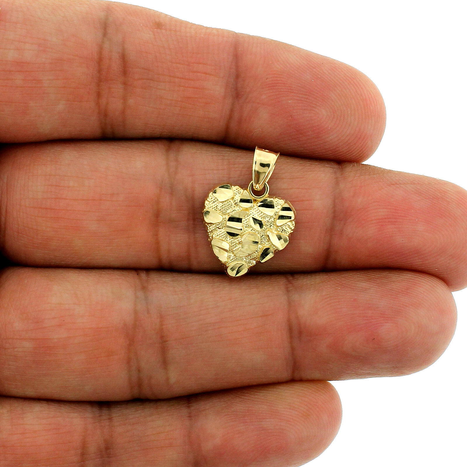 Real 10K Yellow Gold Nugget Heart Charm Pendant With 2.5mm Rope Chain