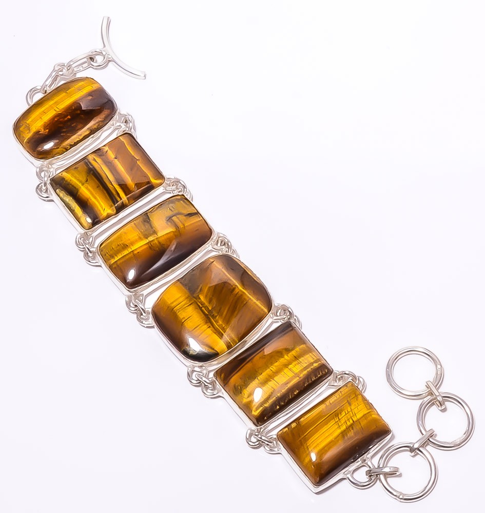 Natural Yellow Tiger Eye – South Africa 925 Silver Plated Bracelet 7.99″ T92