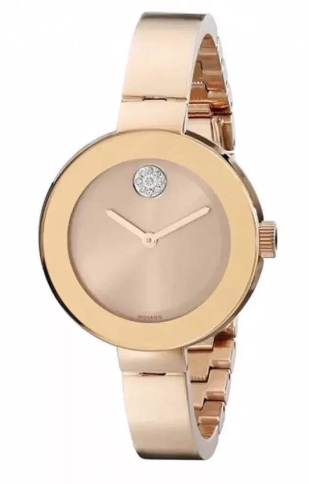Brand New Movado Bold Women’s Rose Gold Crystal Dot Bangle Watch 3600202