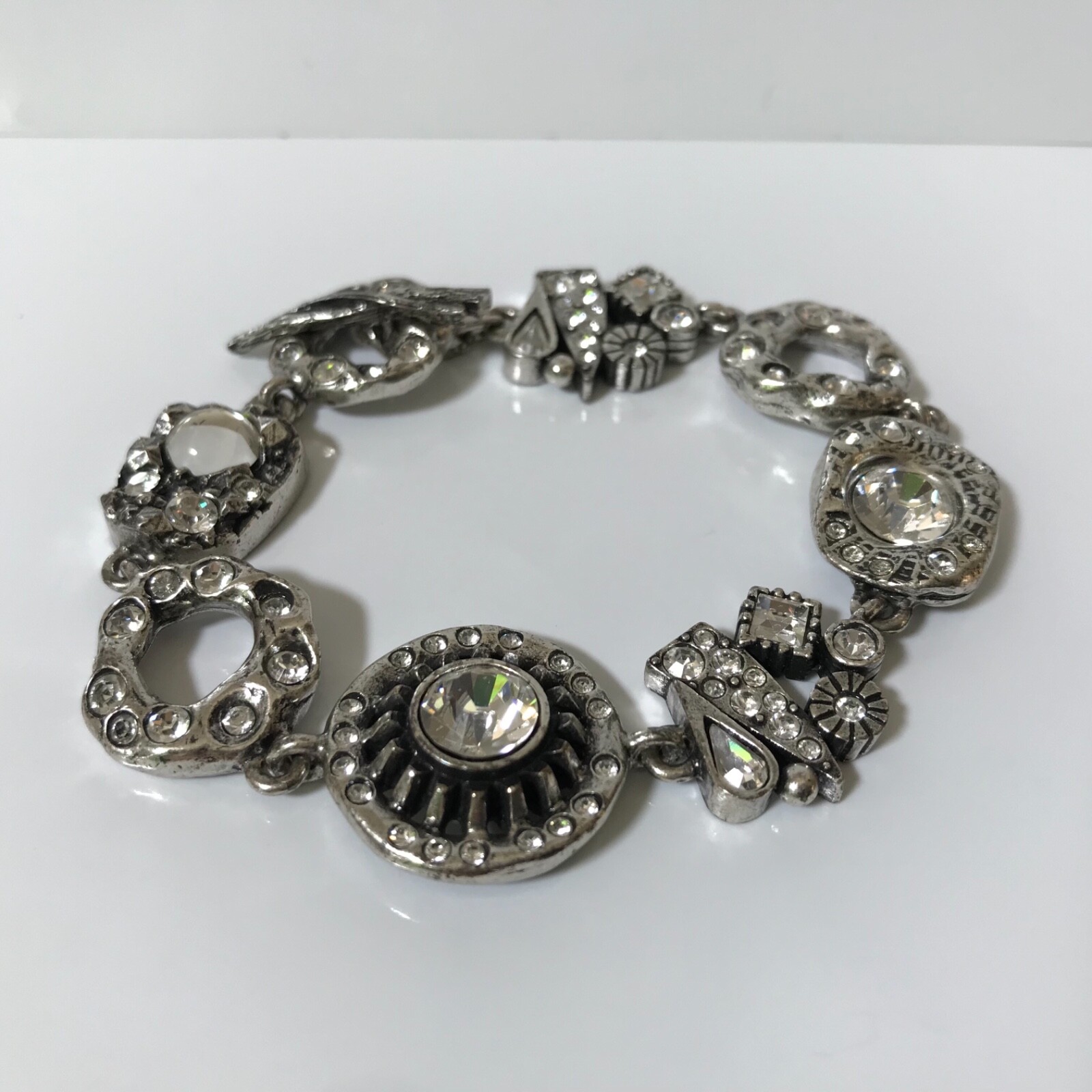 VTG PATRICIA LOCKE Signed Silvertone Clear Crystal Heavy Bracelet BOHO CHIC