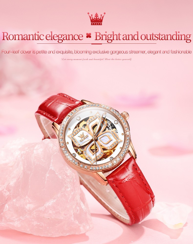 OLEVS 6612 Leather Ceramic Fashion Automatic Female Dress Mechanical Wristwatch