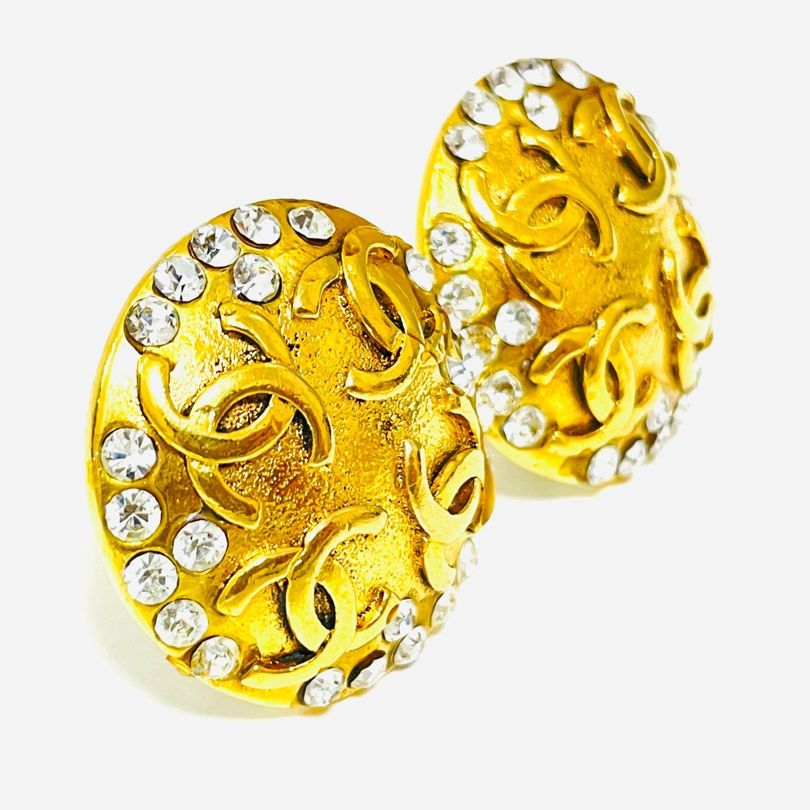 CHANEL 23 Coco Mark Rhinestone Earrings Gold CC Logo Vintage Clip-On JAPAN