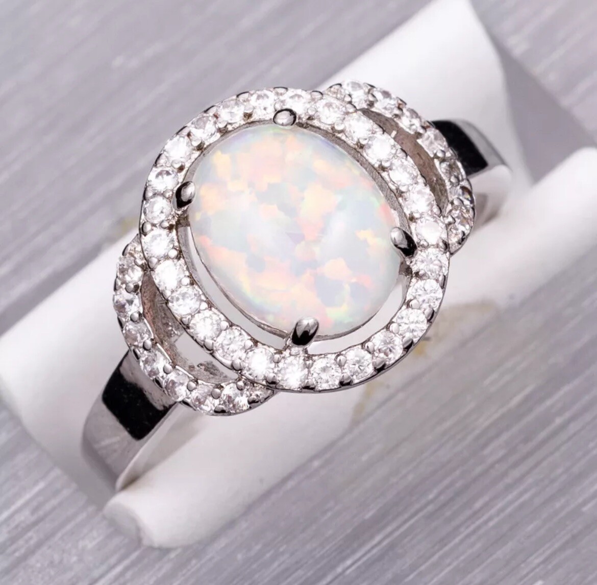 Gorgeous White Fire Opal CZ Halo Ring Size 10
