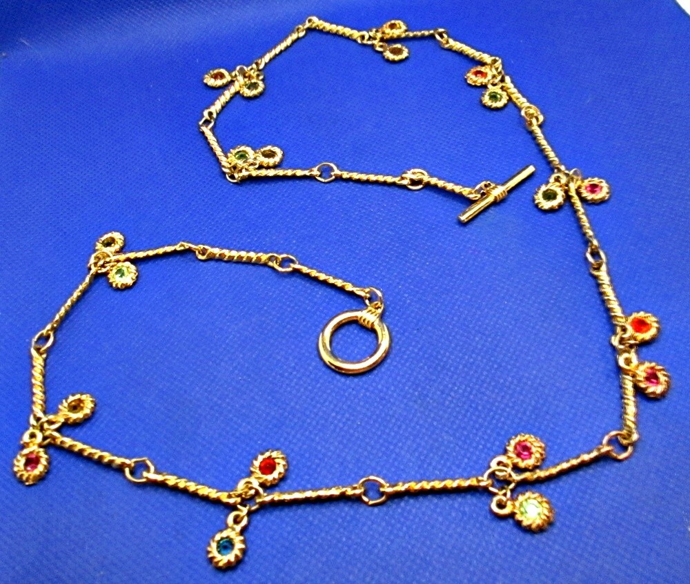 Gold Tone Necklace Bezel Multicolor Rhinestones 1″ Bar Links 26″ Chain