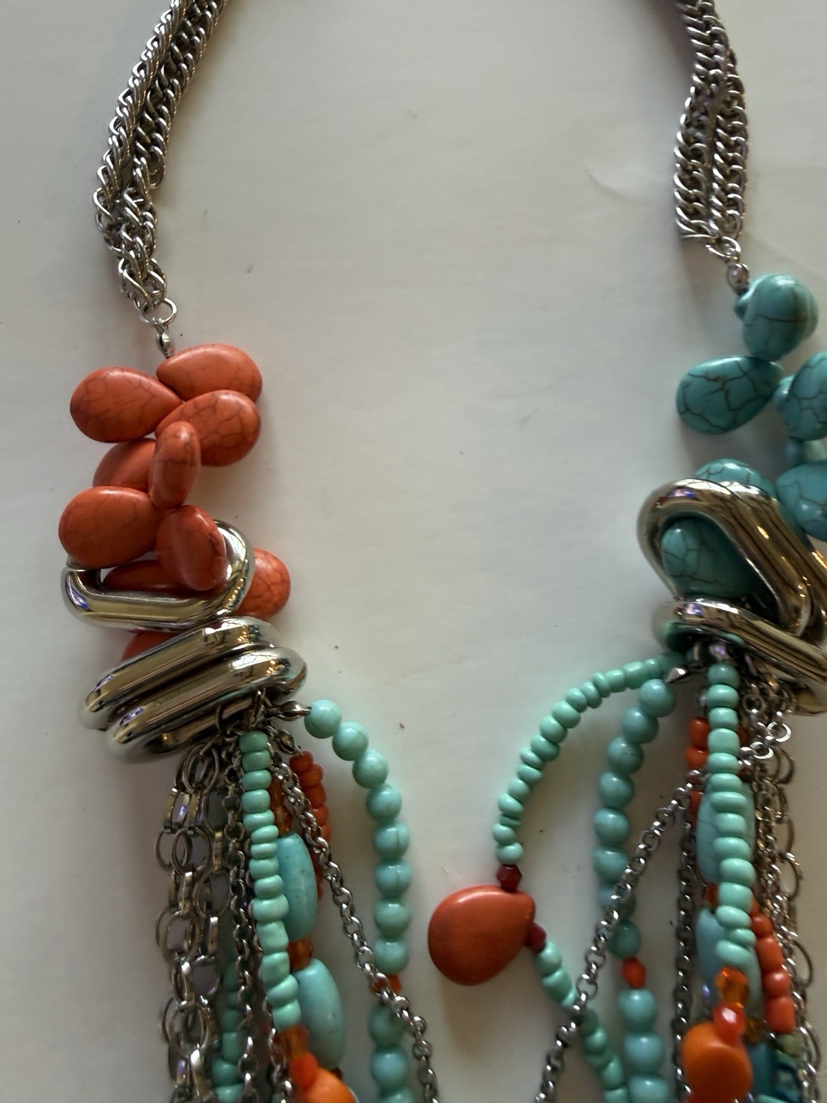 Turquoise & Coral Beaded Multi-Strand Layered Statement Necklace Lobster