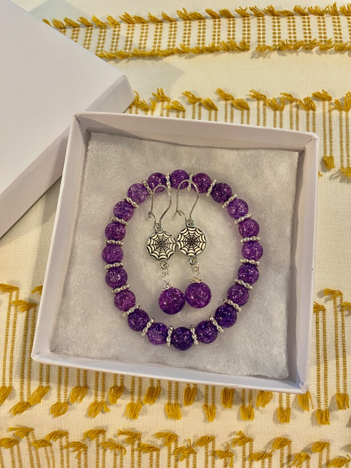 Handmade 6.5” Purple Crackle Glass Halloween Spiderweb Bracelet Earrings NEW set