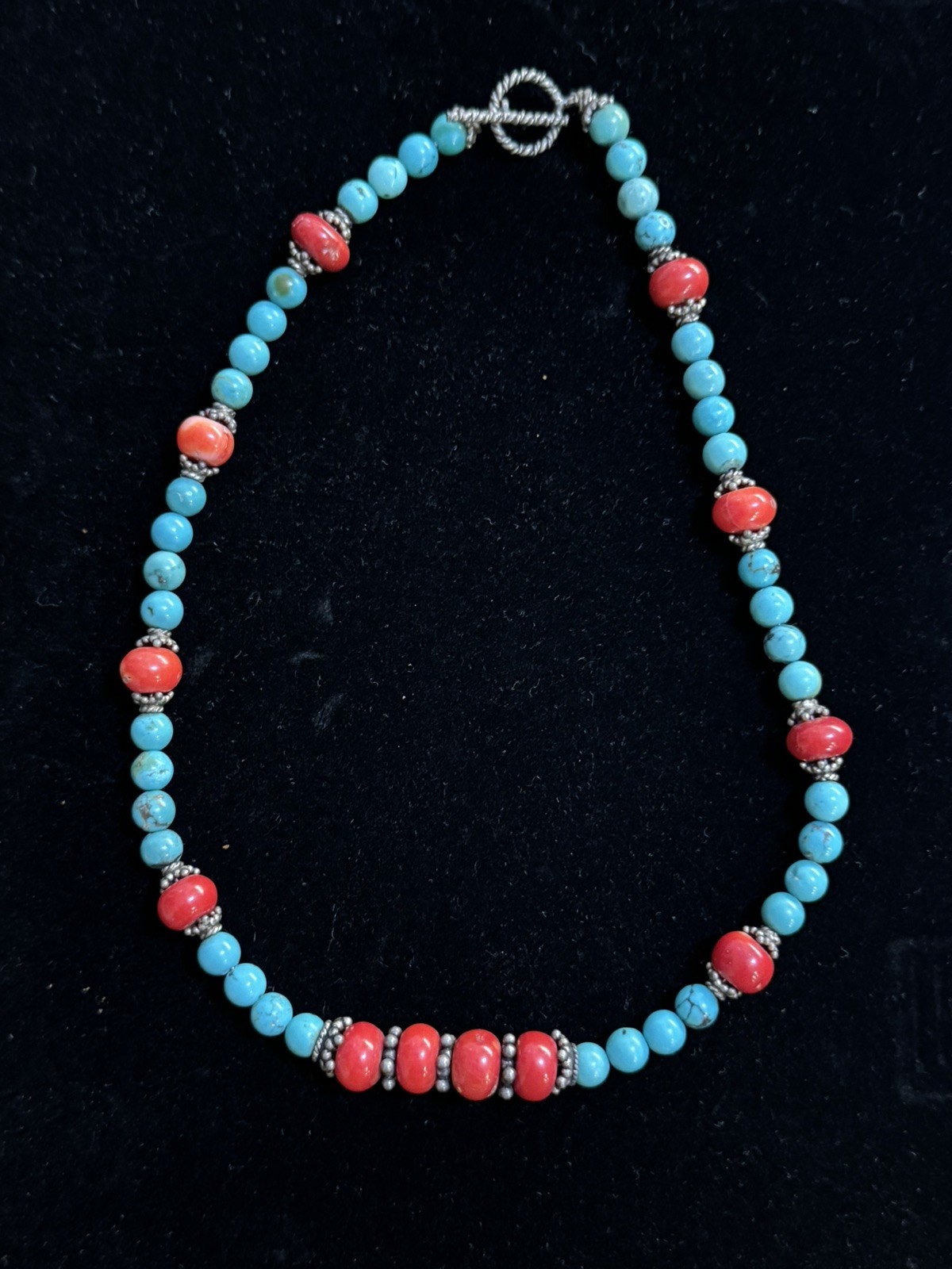 Vintage Native America Southwest Turquoise, Red Coral & Sterling Necklace