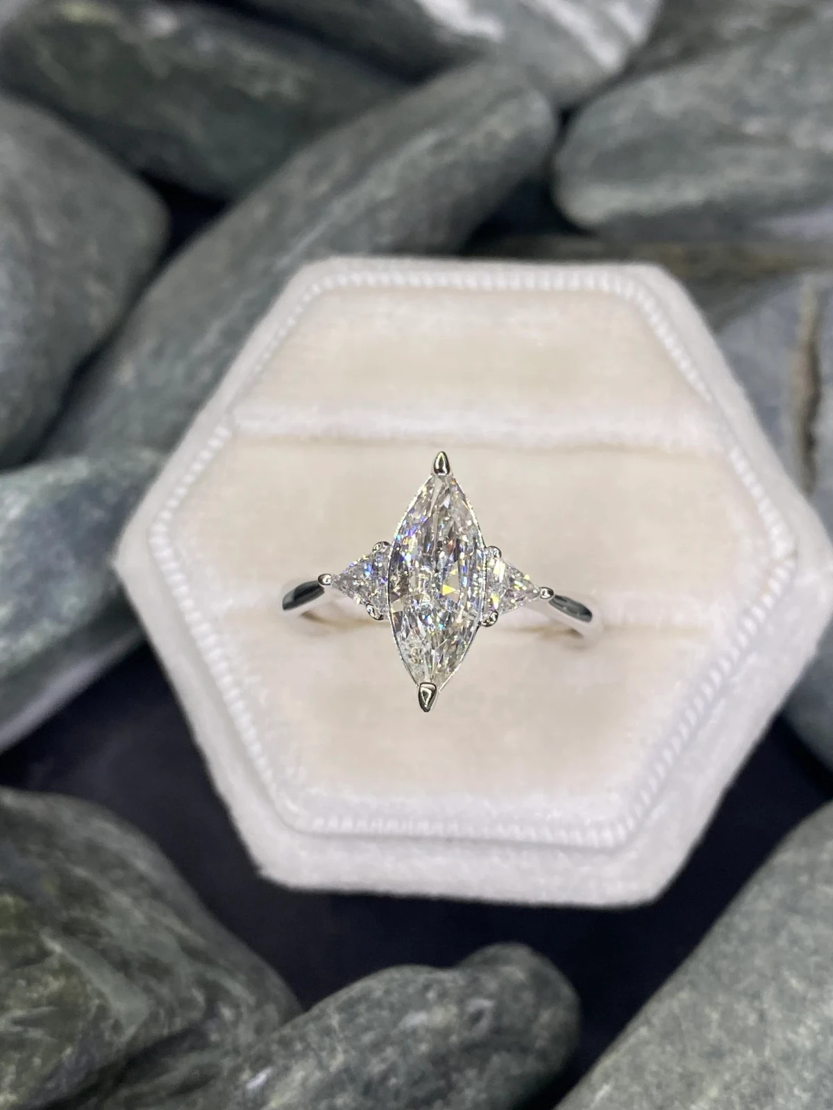 2 CT Marquise Cut Moissanite Three Stone Engagement Ring 14K White Gold Plated