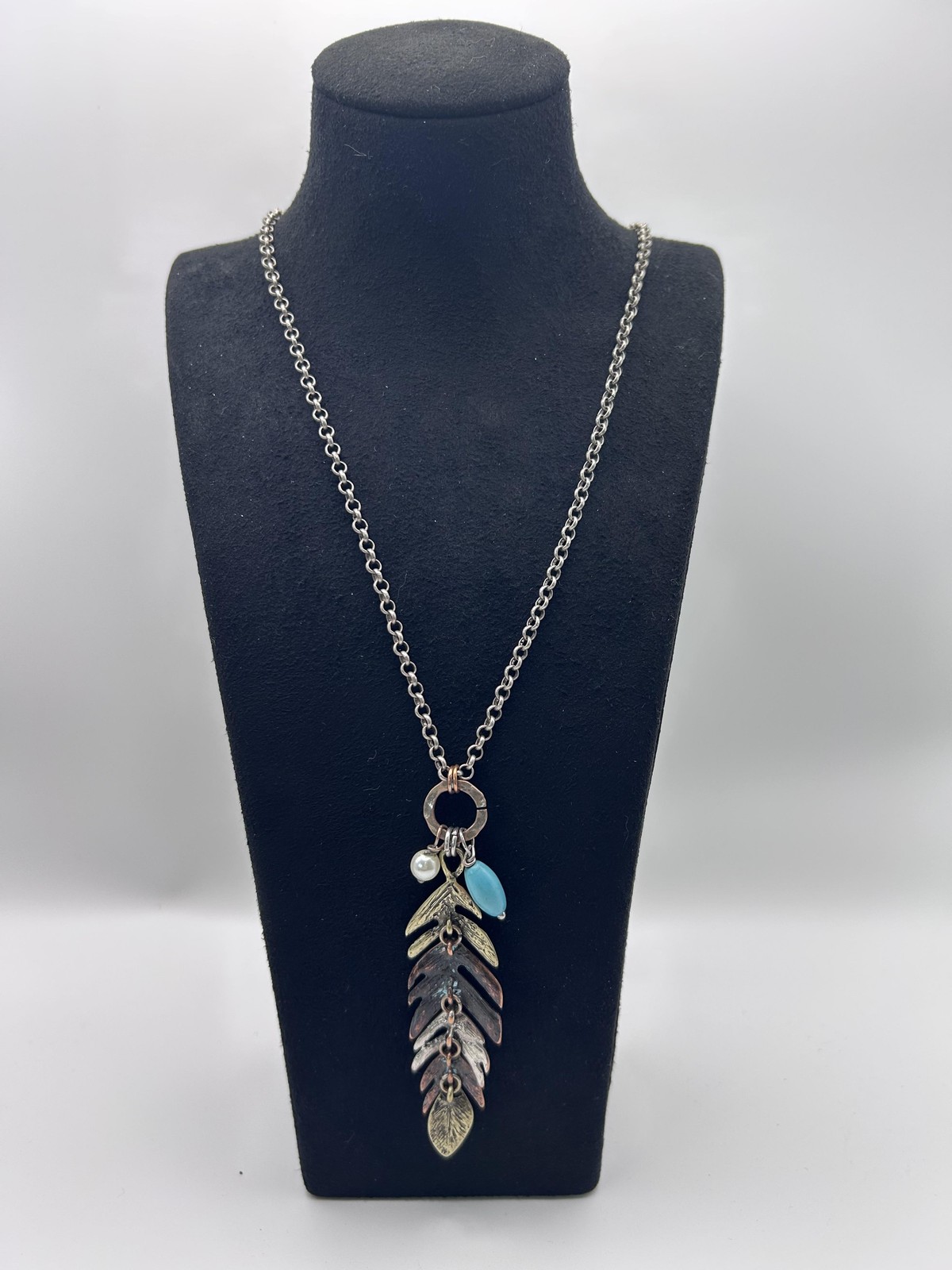 Necklace Silver Tone Leaf Pendant Charm Pearl Turquoise Bead Nature 22 In