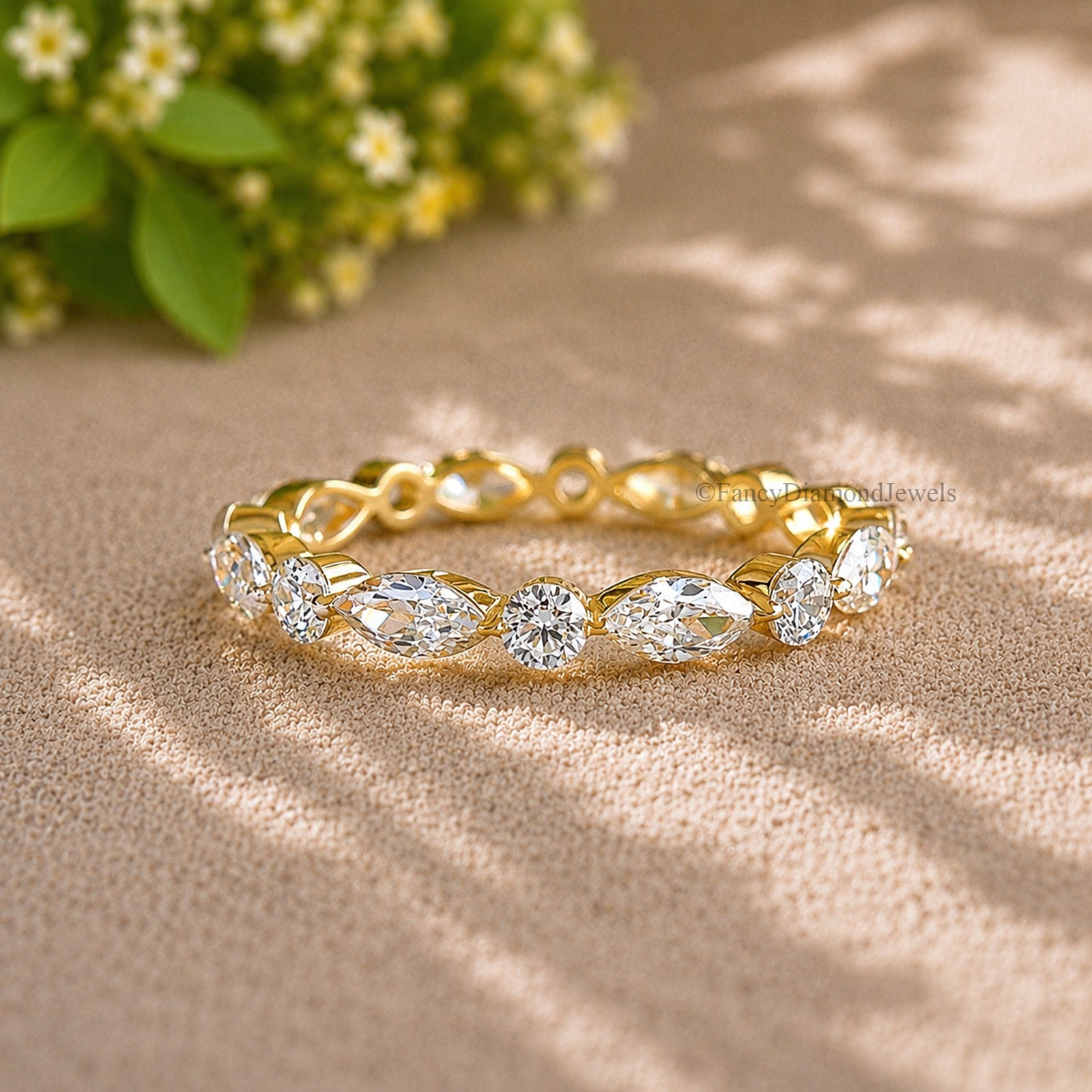 Alternating Marquise and Round Diamond Cut Dainty Stackable Eternity Ring FD586