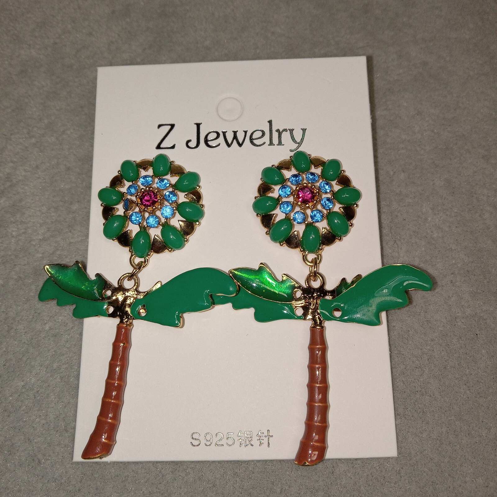 Palm Tree Flowe Jewelry Stateme Earrings Rhinestone Enamel Unique Rare Tropical