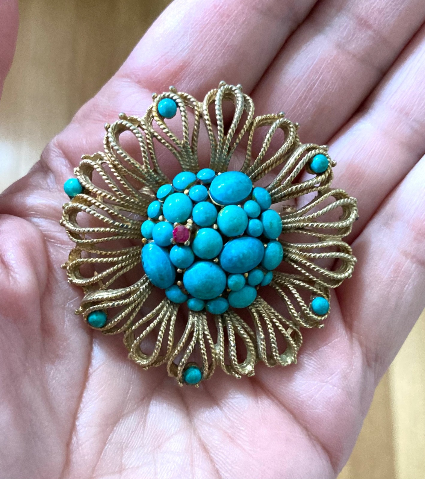 VTG CAPRI Faux Turquoise Cabochon Gold Tone Filigree Brooch & Clip Earring Set