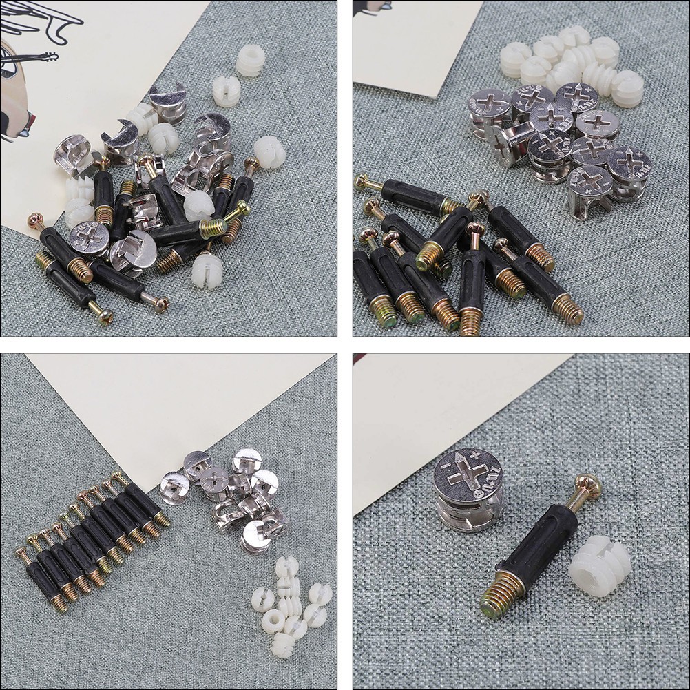 24 Sets Durable Cam Bolt Nut Dowels Furniture Fasteners Plastic Zinc Alloy Metal