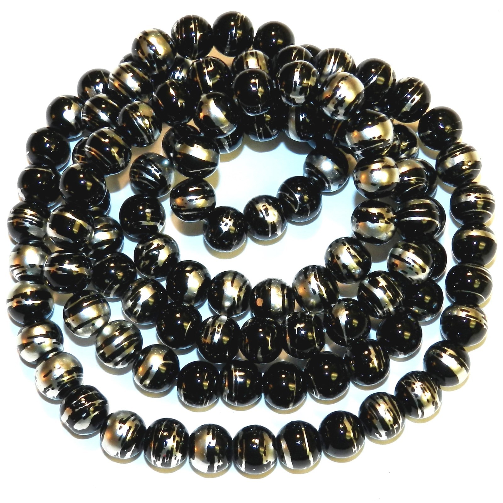 G1772 Black Opaque 8mm Round Silver Swirl Metallic Drawbench Glass Beads 32″