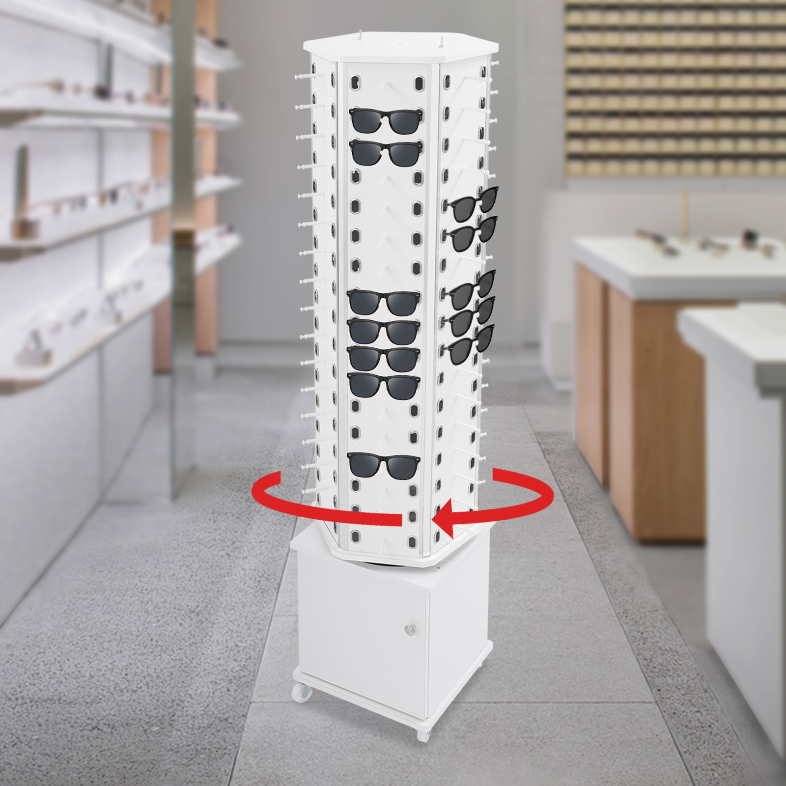 360° Rotating Eyeglass Display Rack 102 Pairs Storage Rack With Wheels For Store