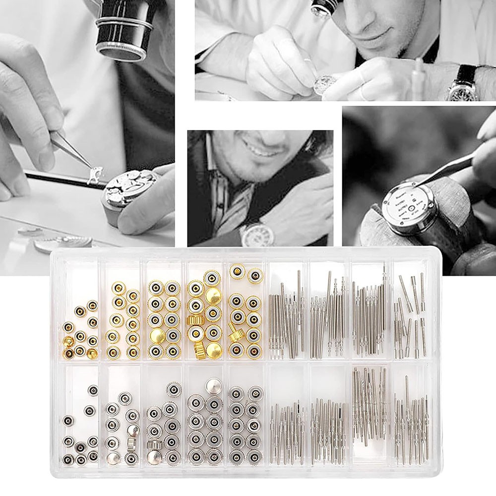 170pcs Mixed Gold Silver Watch Stem Crown Repair Parts Assortment Set Kit W/ Box