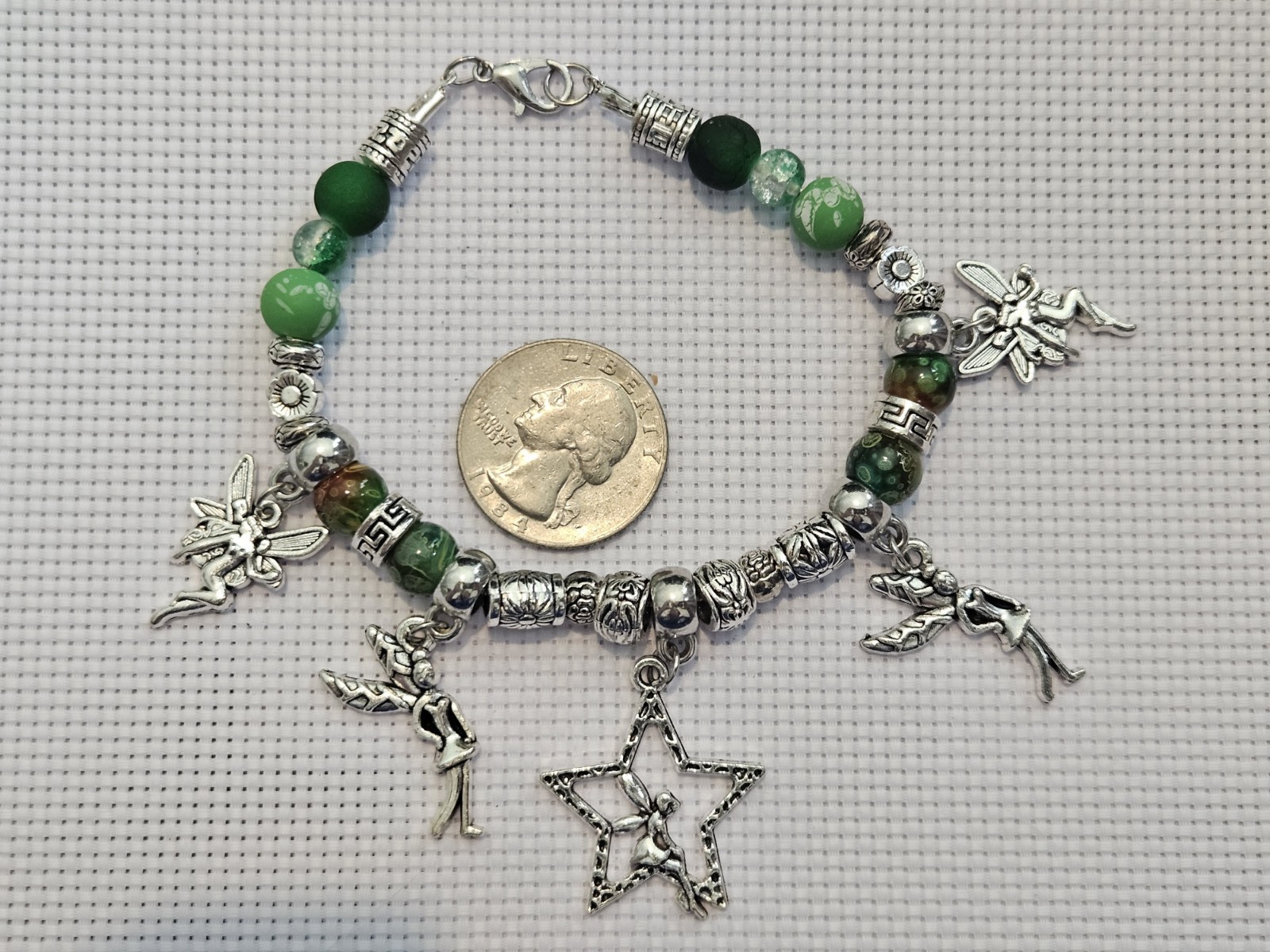 Handmade Green Fairy Charm Bracelet Silver Tone Woodland Fantasy One of a Kind