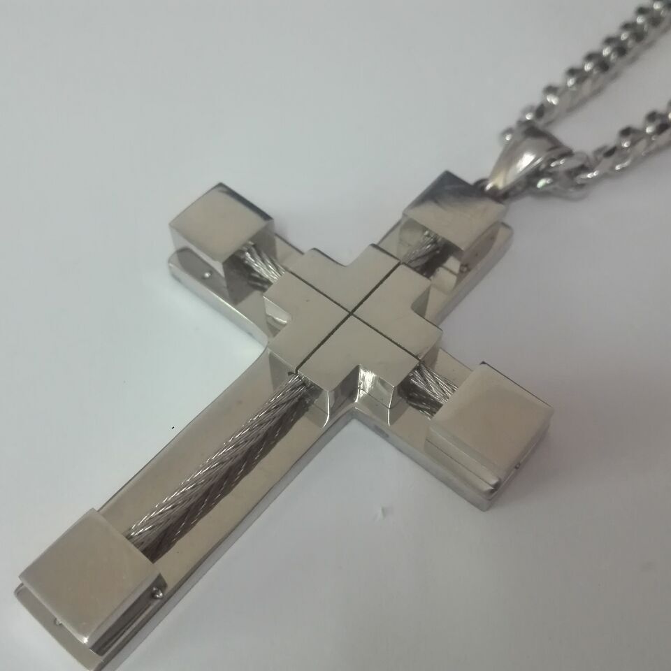 Pure Stainless Steel 5mm Curb Chain Necklace Large Wire Cross Pendant Mens 24”