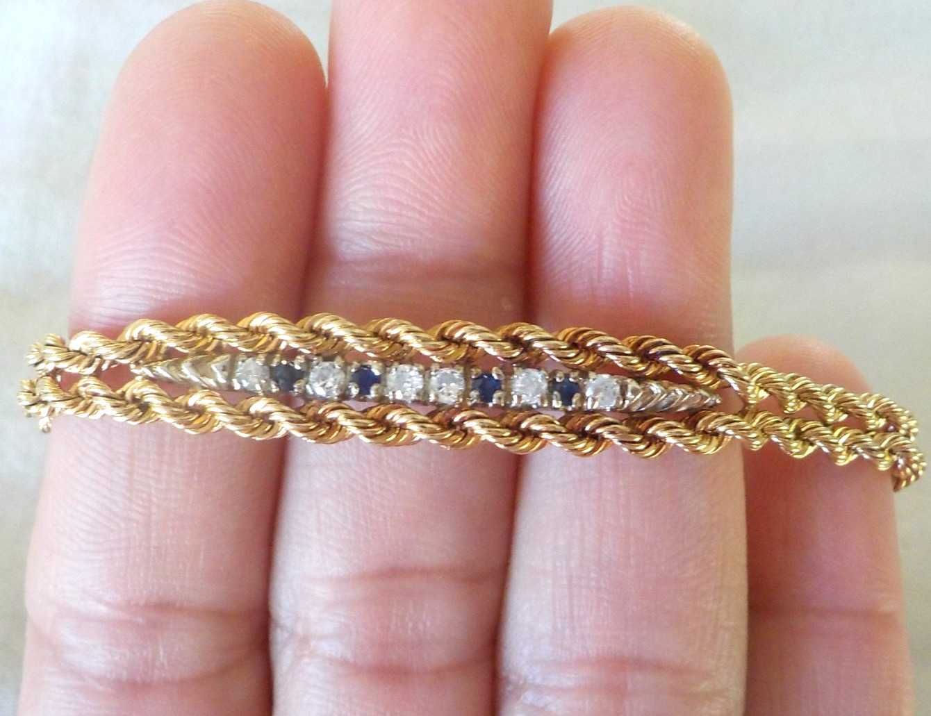 Solid 14K Yellow Gold Double Rope Sapphire Diamond Bracelet – 11.32 gms, 7.2 in