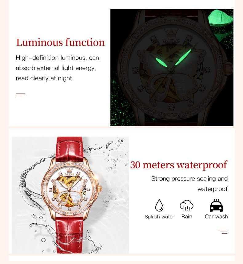 OLEVS 6622 Leather Ceramic Hollow Out Women Dress Mechanical Automatic Watch